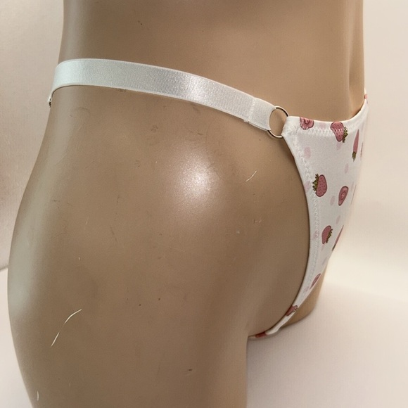Silky Liquid Satin Pink Strawberry & Polka Dot Stretchy White Thong Panties NEW - Picture 6 of 11